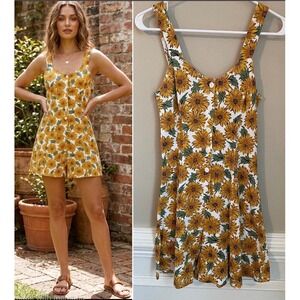 Energie Vintage 80s Sleeveless Sunflower Button Front Cotton Romper Size S Boho